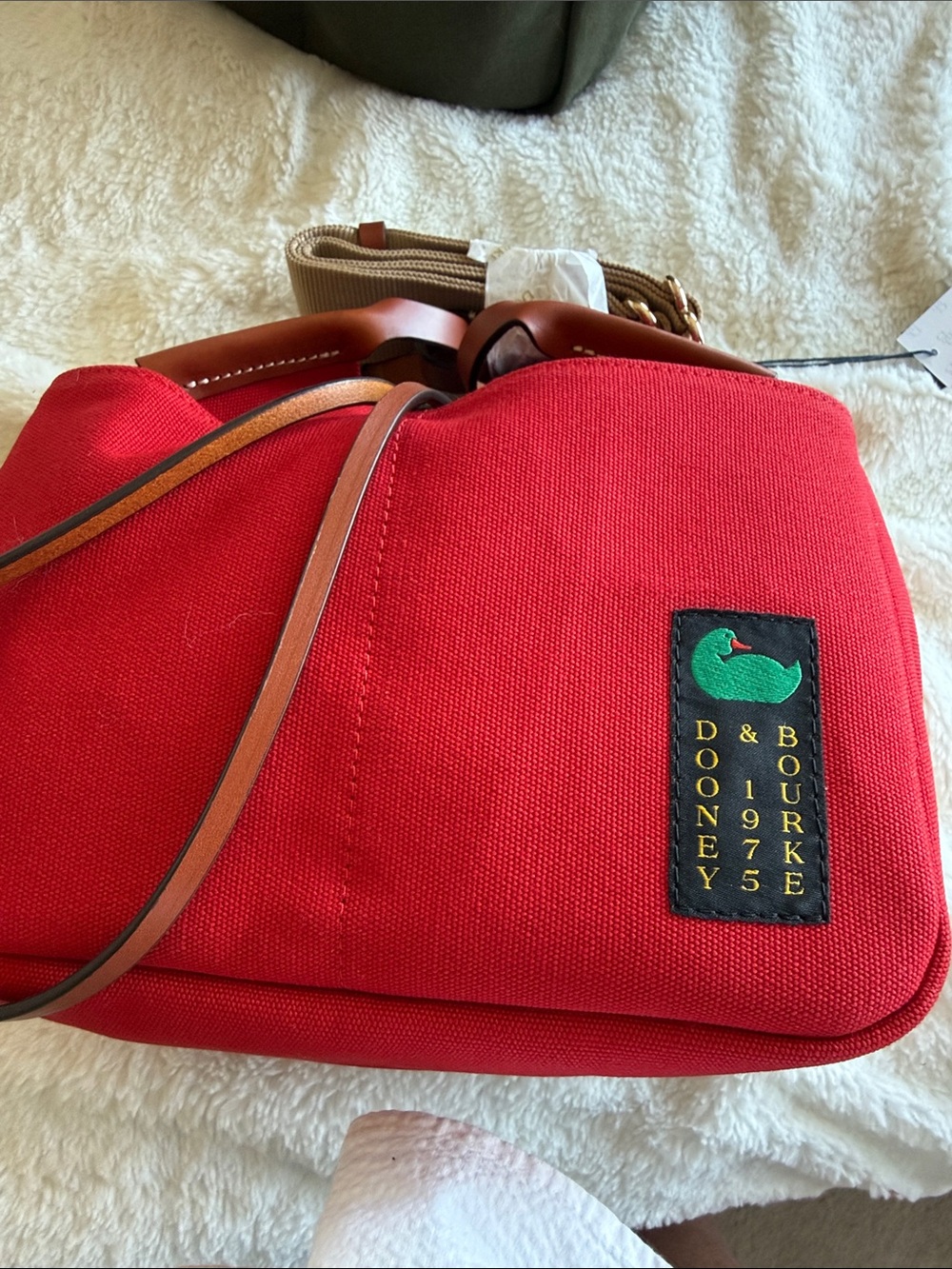 Red Canvas Drawstring Shoulder Bag with Brown Trim